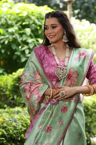 Green soft tussar silk blend printed saree festive wear