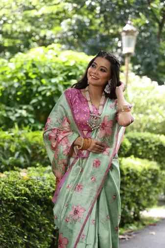 Green soft tussar silk blend printed saree festive wear