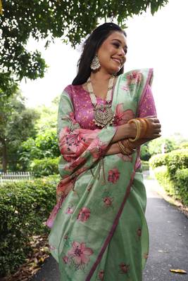 Green soft tussar silk blend printed saree festive wear 4