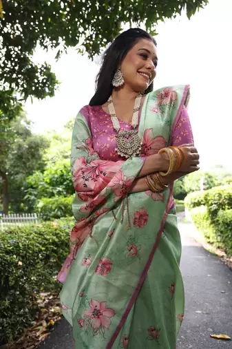 Green soft tussar silk blend printed saree festive wear