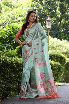 Light green soft tussar silk blend printed saree festive wear 1