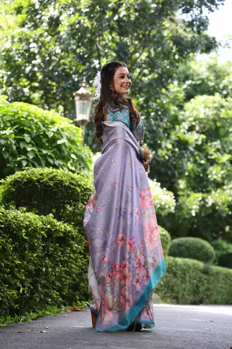 Purple soft tussar silk blend printed saree festive wear