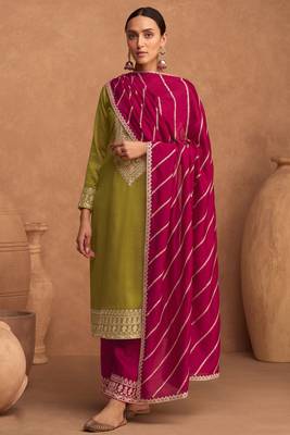 Olive embroidered slik semi stitched straight pant suit 1