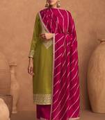 Olive embroidered slik semi stitched straight pant suit