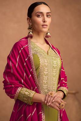 Olive embroidered slik semi stitched straight pant suit 2