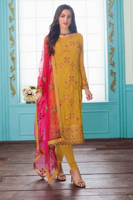 Mustard embroidered georgette  semi stitched straight churidar suit 1
