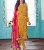Mustard embroidered georgette  semi stitched straight churidar suit