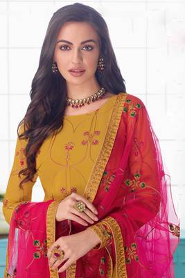 Mustard embroidered georgette  semi stitched straight churidar suit 2