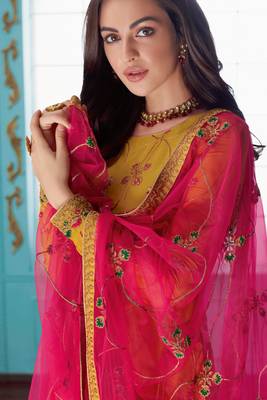 Mustard embroidered georgette  semi stitched straight churidar suit 3