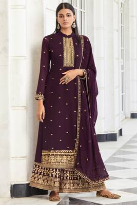 Wine embroidered georgette  semi stitched straight palazzo suit 1