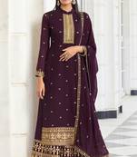 Wine embroidered georgette  semi stitched straight palazzo suit