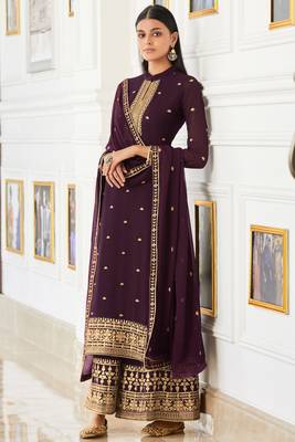 Wine embroidered georgette  semi stitched straight palazzo suit 2