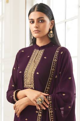 Wine embroidered georgette  semi stitched straight palazzo suit 3
