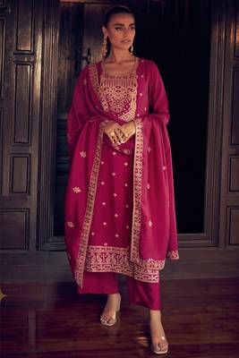 Pink embroidered  silk semi stitched straight pant suit 1