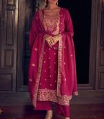 Pink embroidered  silk semi stitched straight pant suit