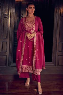 Pink embroidered  silk semi stitched straight pant suit 2