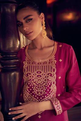 Pink embroidered  silk semi stitched straight pant suit 3