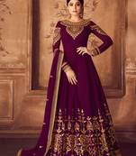 Wine embroidered georgette  semi stitched anarkali churidar suit