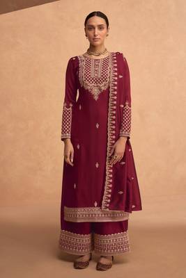 Maroon embroidered art silk semi stitched straight palazzo suit 1