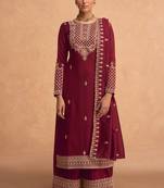 Maroon embroidered art silk semi stitched straight palazzo suit