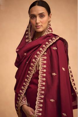 Maroon embroidered art silk semi stitched straight palazzo suit 2