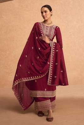 Maroon embroidered art silk semi stitched straight palazzo suit 3