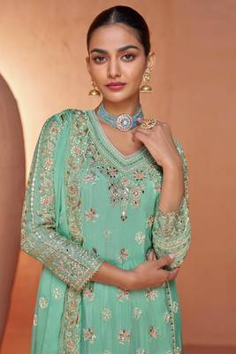 Turquoise embroidered chinnon  free size stitched straight palazzo suit. (size upto 42) 2