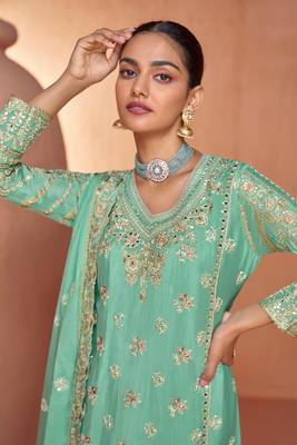 Turquoise embroidered chinnon  free size stitched straight palazzo suit. (size upto 42) 3