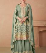 Pista green embroideed chinnon  free size stitched anarkali palazzo suit. (size upto 42)