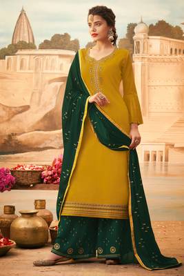 Mustard embroidered art silk semi-stitched straight palazoo suit. 1