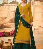 Mustard embroidered art silk semi-stitched straight palazoo suit.
