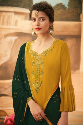 Mustard embroidered art silk semi-stitched straight palazoo suit. 2