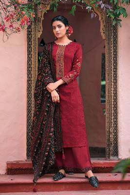 Maroon embroidered cotton satin semi-stitched straight palazoo suit. 1