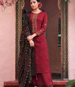 Maroon embroidered cotton satin semi-stitched straight palazoo suit.