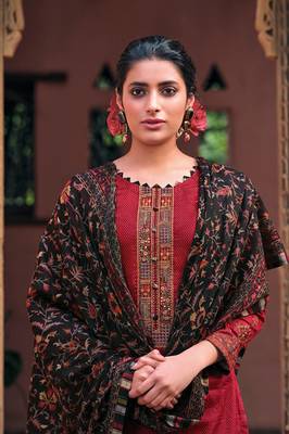 Maroon embroidered cotton satin semi-stitched straight palazoo suit. 2
