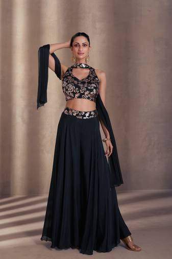 Blue embroidered chinnon silk free size stitched palazoo suit. ( size upto 42)