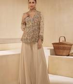Fawn embroidery & sequins georgette free size stitched  straight palazoo suit. ( size upto 42)