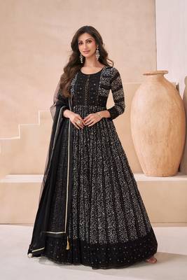 Black embroidery & sequins georgette free size stitched straight palazoo suit. ( size upto 42) 1