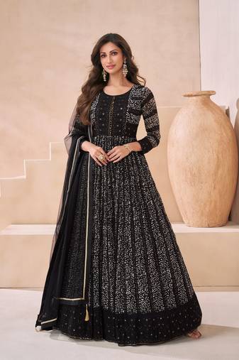 Black  embroidery & sequins georgette free size stitched  straight palazoo suit. ( size upto 42)