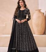 Black embroidery & sequins georgette free size stitched straight palazoo suit. ( size upto 42)
