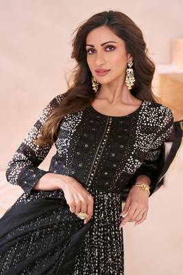 Black embroidery & sequins georgette free size stitched straight palazoo suit. ( size upto 42) 2