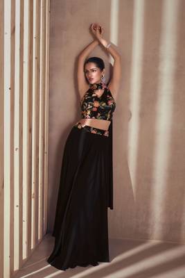 Black  embroidery & sequins chinnon silk free size stitched  blouse palazoo suit.  ( size upto 42 1
