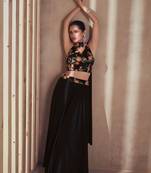 Black  embroidery & sequins chinnon silk free size stitched  blouse palazoo suit.  ( size upto 42