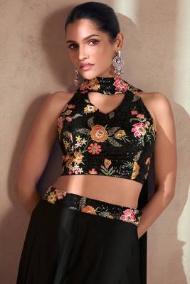 Black  embroidery & sequins chinnon silk free size stitched  blouse palazoo suit.  ( size upto 42 2