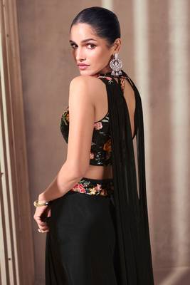 Black  embroidery & sequins chinnon silk free size stitched  blouse palazoo suit.  ( size upto 42 3