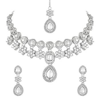 silver plated traditional kundan stone choker necklace jewellery set 6