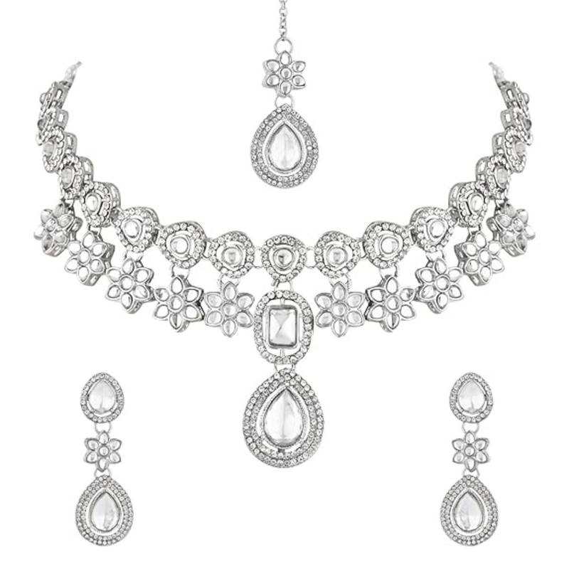 silver plated traditional kundan stone choker necklace jewellery set