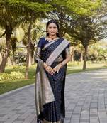 Blue Kanjivaram Soft Satin Silk blend Saree 