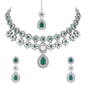 silver plated traditional kundan stone necklace jewellery set 6