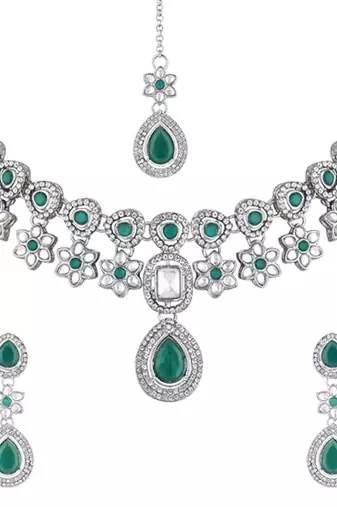 silver plated traditional kundan stone necklace jewellery set